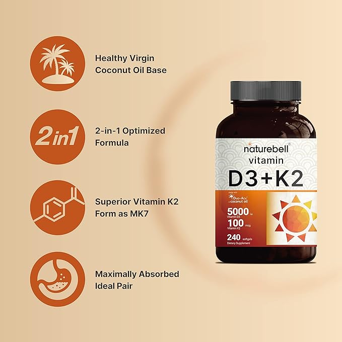 NatureBell Vitamin D3 5000 K2 (MK7) with Virgin Coconut Oil &amp &amp Advanced Electrolyte Hydration Pills Bundle Pack | Bioavailable Virgin Coconut Oil Softgels | Fast Hydrating Keto Electrolytes