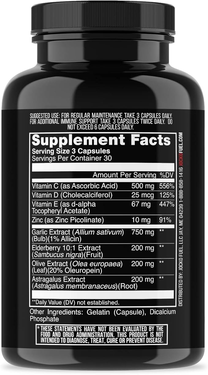 Jocko Fuel Immune Support Supplement - Elderberry with Zinc &amp Vitamin C for Adults - Immune Defense with Vitamin C D3 Superfoods Herbs &amp Minerals (90 Capsules)