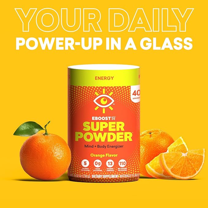 EBOOST Energy Drink &amp Electrolyte Powder Drink Mix - Super Powder Orange with No Added Sugar Blend of Vitamins Nootropics Natural Caffeine &amp Hydration - Pre &amp Post Workout - 40 Serving