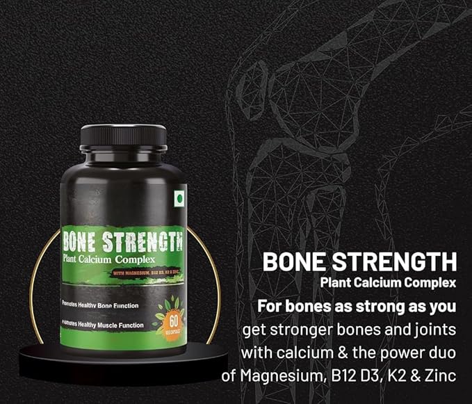 Eleven Zone Bone Strength - Plant-Based Calcium Magnesium Zinc Vitamin D3 VIT B12 K2 - GMO Soy Gluten Free Ingredients - Whole Food Supplement for Bone Health - 60 Vegan Friendly Capsules