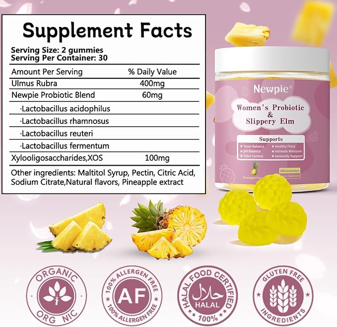 Her Juicy Feminine Probiotics Gummies for Women | Tropical Pineapple Flavor | Supports pH Balance Gut &amp Immune Health | with Slippery Elm Prebiotics &amp Lactobacillus Blend | 60 Gummies (2)