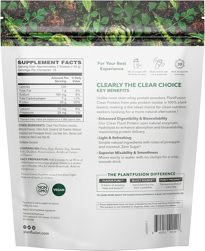 PlantFusion Clear Protein Powder with Pea Protein Peptides - 20g Fast-Absorbing in Water 90 Calories Zero Sugar Premium Alternative to Clear Whey - Pineapple Coconut - 16 oz