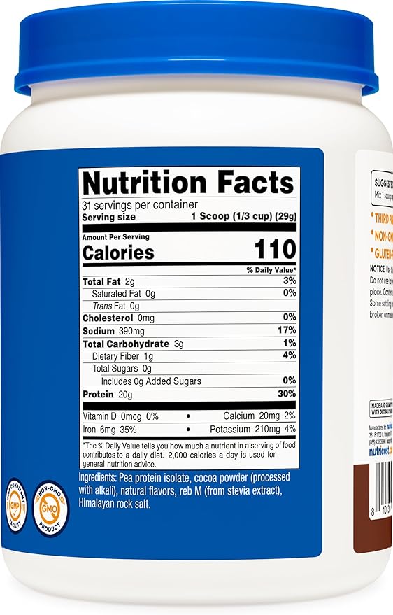 Nutricost Pea Protein Powder (2 LBS) Chocolate - 20g of Vegan Pea Protein Isolate GMO-Free Gluten-Free 31 Servings
