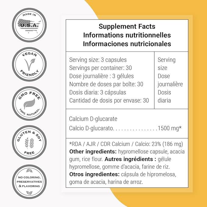 SuperSmart Calcium D-Glucarate 1500mg per Day (High Strength) - Calcium Supplement | Non-GMO &amp Gluten Free - 90 Vegetarian Capsules