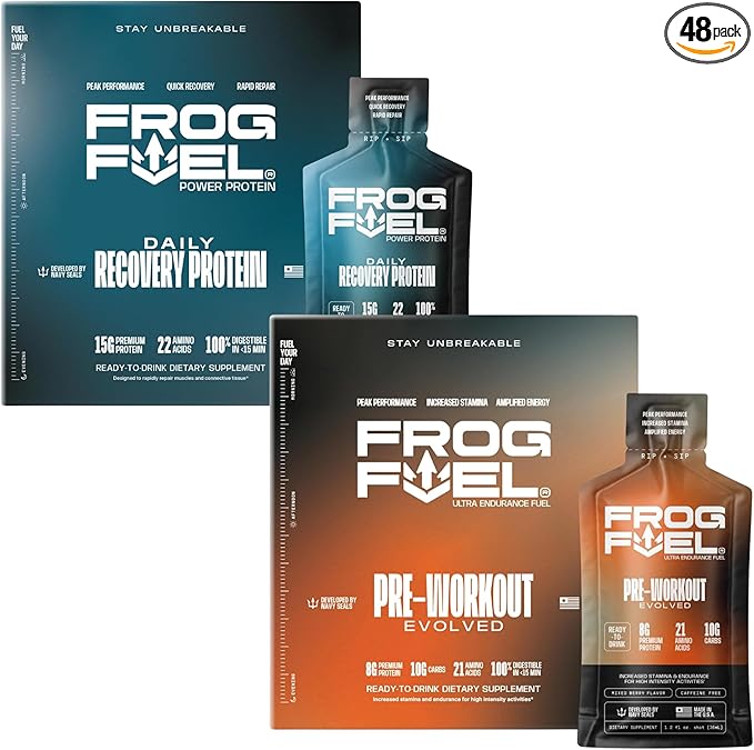 Frog Fuel Power Regular Protein &amp Ultra Pre Workout Shot Bundle 1500mg Beta Alanine 15g Protein Nano-Hydrolyzed Grass Fed Collagen Pre &amp Post Workout 1.2 oz Packets 48 Pack