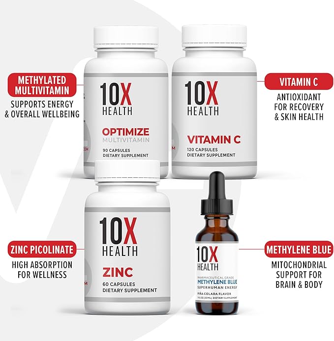 10X Health Daily Defense Bundle - 10X Optimize 10X Zinc 10X Vitamin C &amp Methylene Blue Drops - for Immunity Cellular Health &amp Energy Boost