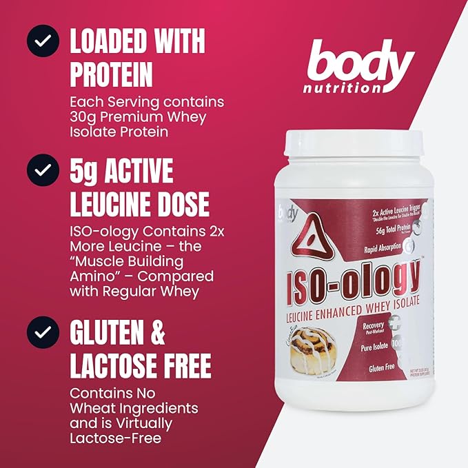 Body Nutrition ISO-Ology Leucine-Enhanced Whey Isolate Protein Powder Post-Workout Recovery Supplement Isolated Grass Fed Whey Cinnabun Flavor 2lb