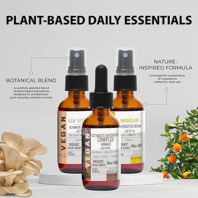 Inflammation Defense Bundle: Ultimate Mushroom Complex with Lions Mane Reishi Cordyceps &amp Chaga Raw Vitamin C and Bromelain | Non-GMO | Gluten-Free | Sugar-Free | 2 Fl Oz | 240-Days Supply