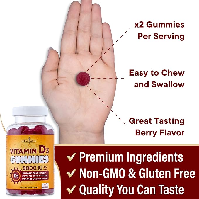 NEW AGE Vitamin D3 5000 IU 125mcg Gummies - Immune Supplement - Non-GMO Gluten-Free Dairy-Free No Gelatin (60 Gummies (Pack of 1))