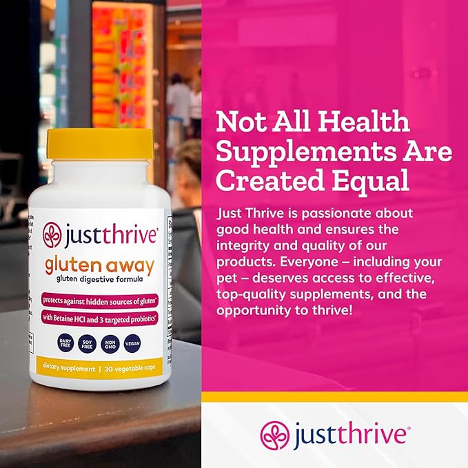 Just Thrive Gluten Away - 30 Servings Digestive Enzymes + Probiotic Support for Gluten Defense - Vegan Gut Health Supplement
