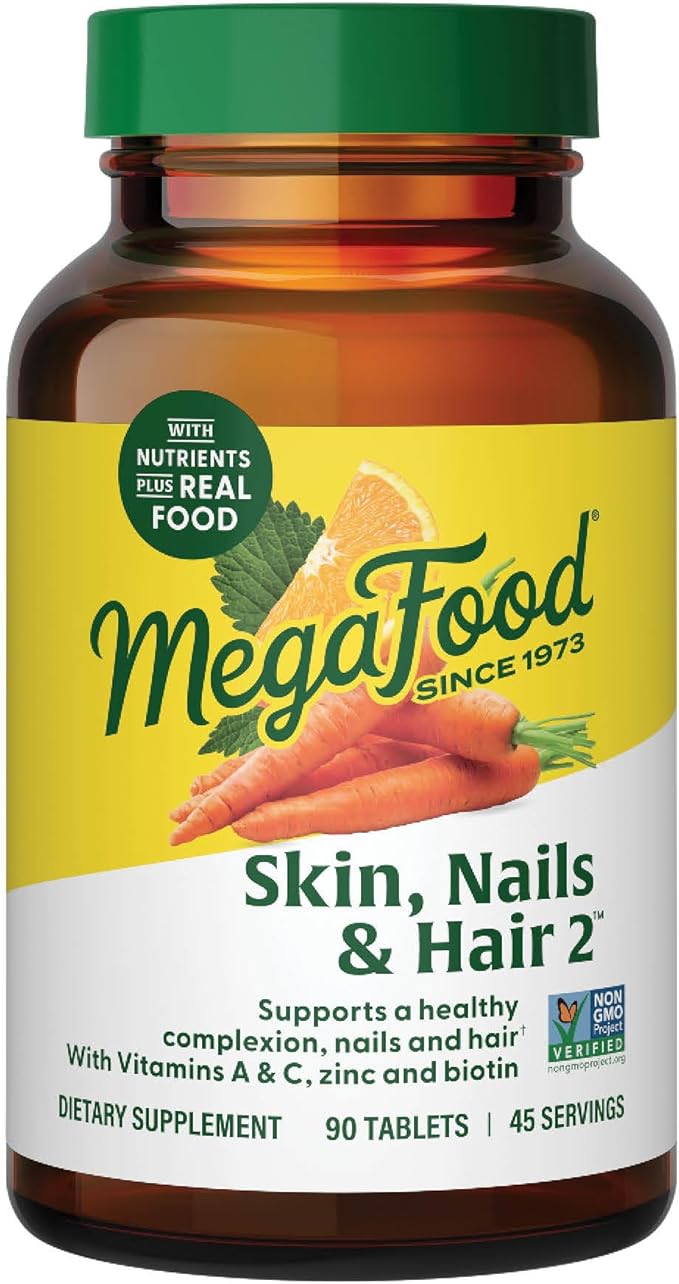 MegaFood Skin Nails &amp Hair 2 - Vitamins For Women &amp Men - Biotin Vitamin A Vitamin C Zinc Vitamin B6 Vitamin E Pantothenic Acid - Vegan - Made Without 9 Food Allergens - 90 Tabs (45 Ser