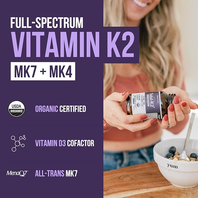 Total K2® | Vitamin K2 as MK7 &amp MK4 | Plus K1 &amp Vitamin D3 Cofactor - 620 mcg K2 per Serving - All-Trans MK7 from MenaQ7® - Full-Spectrum Vitamin K - Vegan Organic Certified (60 Capsules)