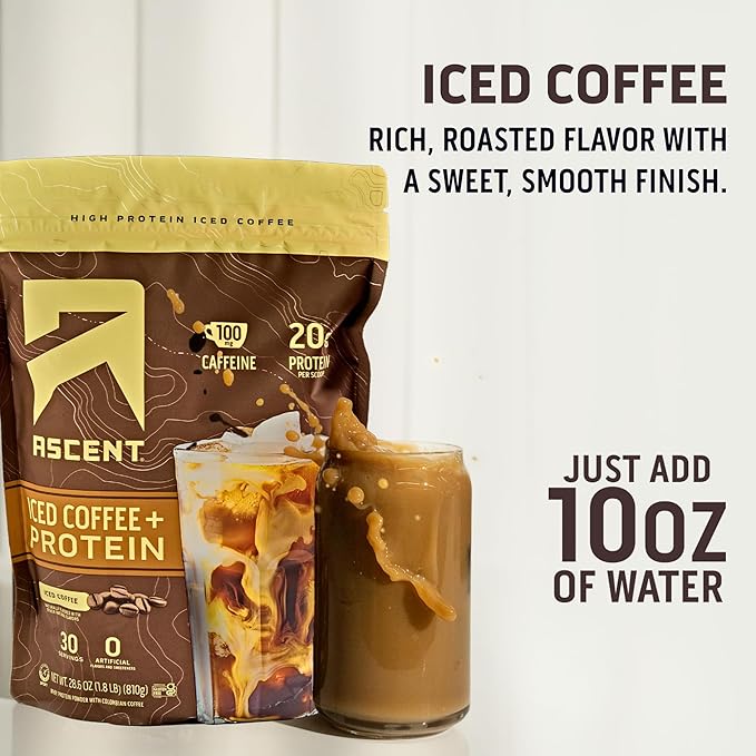 Ascent Iced Coffee Protein Powder - High Protein Coffee Powder 20 g Protein &amp 100 mg Caffeine - 30 Servings