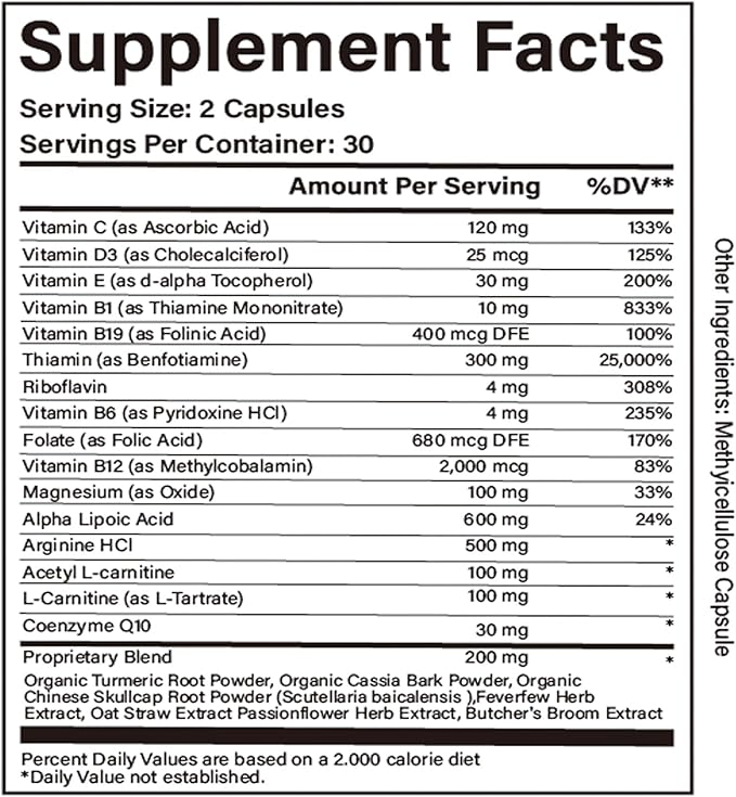 Rynutra Nerve Support Supplement Capsules for Neuropathy with CoQ10 Turmeric L-Carnitine Butcher’s Broom Alpha Lipoic Acid Enhance Nerve Calming Promote Overall Well-Being 60 Capsules