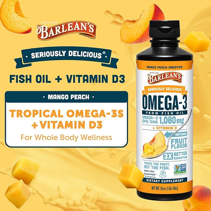 Barlean's Omega 3 Fish Oil Liquid Supplement with Vitamin D for Men and Women 1080mg of EPA and DHA Fatty Acid Promotes Brain &amp Heart Health - Non-GMO Mango Peach 16 oz