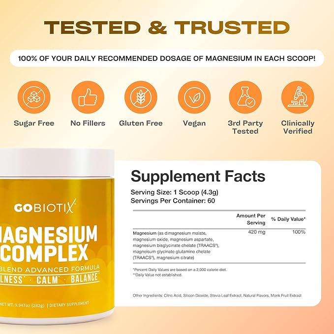 GoBiotix Magnesium Glycinate Powder – Cortisol Supplements for Women and Men – High Absorption Magnesium Complex Calm Supplement with Citrate Malate – Sugar Free – 420 mg 60 Servings - Honey Citrus