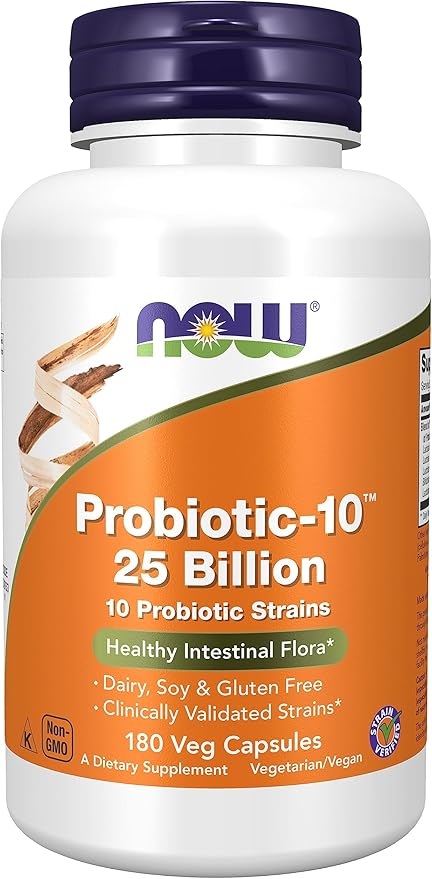 NOW Foods Probiotic-10™ 25 Billion with 10 Probiotic Strains Dairy Soy and Gluten Free Strain Verified 180 Veg Capsules