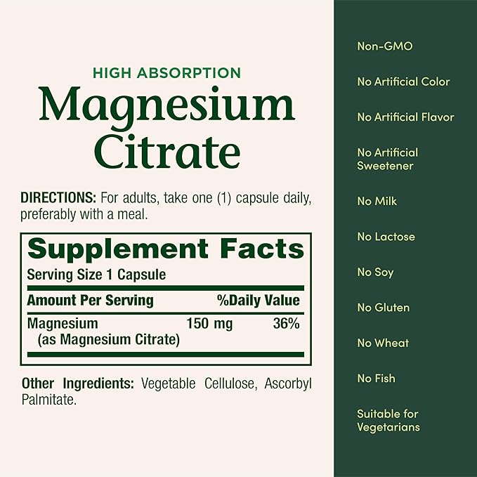 Nature’s Bounty Magnesium Citrate High Absorption Magnesium Supplement for Whole Body Health with 150 mg Magnesium Vegetarian Gluten Free 90 Capsules (Pack of 3)