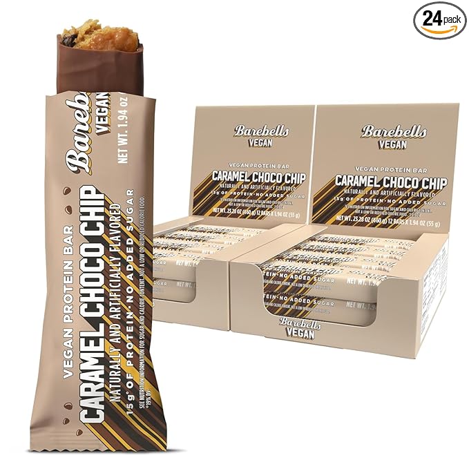 Barebells Vegan Protein Bars Caramel Choco Chip Plant Based with High Protein - Chocolate Protein Bars - Perfect on The Go Protein Snack &amp Breakfast Bars 24 Count (Pack of 1)
