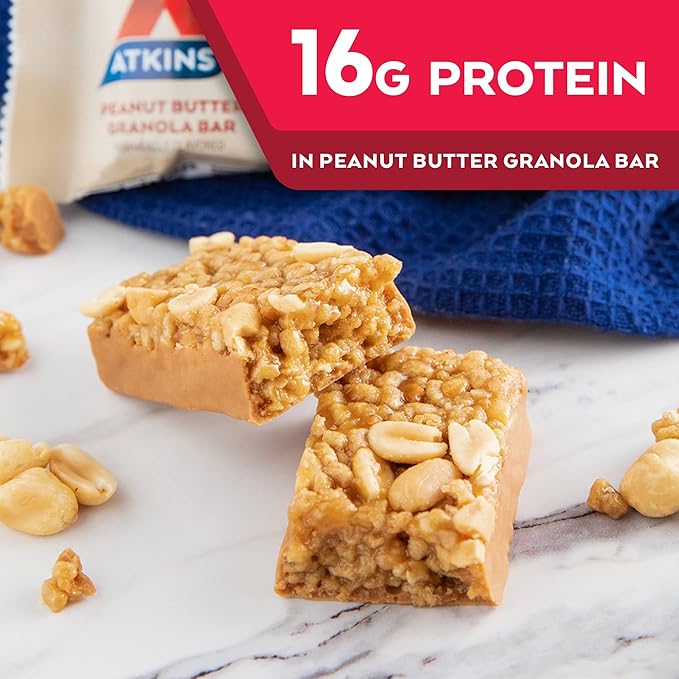 Atkins Peanut Butter Granola Protein Meal Bar High Fiber 16g Protein 1g Sugar 4g Net Carb &amp Milk Chocolate Delight Protein Shake 15g Protein Low Glycemic 2g Net Carb 1g Sugar
