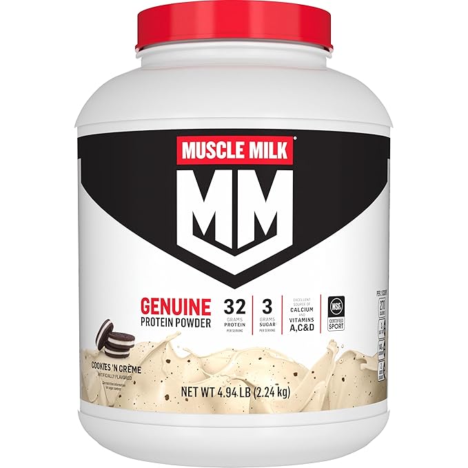 Muscle Milk Genuine Protein Powder Cookies 'n Crème 4.94 Pound 32 Servings 32g Protein 2g Sugar Calcium Vitamins A C &amp D NSF Certified for Sport Energizing Snack Packaging May Vary