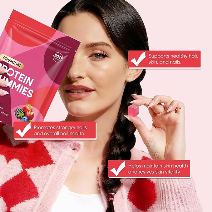 OAKA Protein Gummies 20g Protein per Serving Zero Sugar Mixed Berries Flavor Daily Protein Chews for Hair Skin &amp Nails 60 Gummies