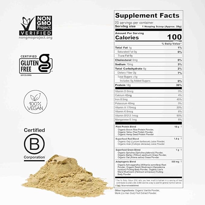 Plant Based Protein Powder w/Superfoods Ashwagandha Reishi Lions Mane for Optimal Health | 18G of Organic Vanilla Vegan Protein Gluten Free Stevia Free Sugar Free 20 Servings