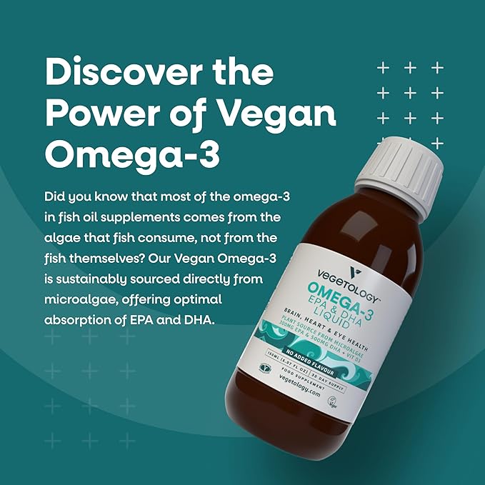 Vegan Omega 3 Liquid from Microalgae 800mg of EPA DHA with Vitamin D3 Supports Heart Brain and Eye Health Natural Fish Oil Alternative UK Made Unflavoured