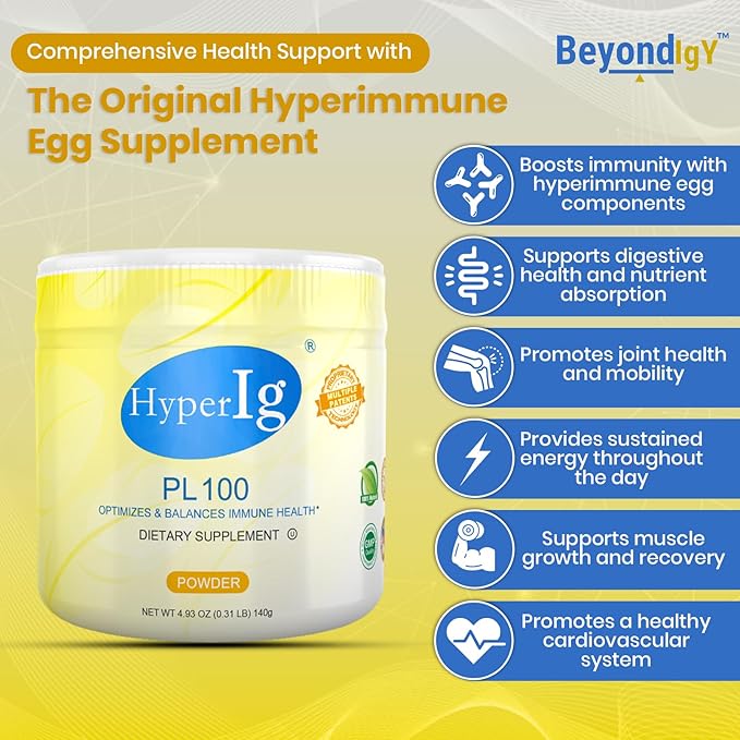PL-100 Egg Protein Powder Hyperimmune Egg Supplement 140g – Immune Support Digestive Wellness Energy &amp Muscle Strength Gluten-Free