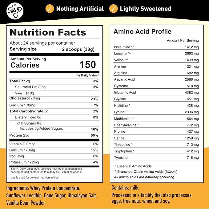 TGS Nutrition Vanilla Whey Protein Powder 2lb - No Artificial Sweeteners Natural Ingredients Undenatured No Stevia Non GMO - 25g Protein for Women &amp Men Shakes Smoothies - Aids Muscle Gain