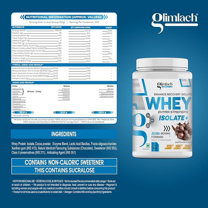 GLIMLACH Whey Extra Strength Isolate + Protein Powder for Muscle Support &amp Recovery Vegetarian - Primary Source Whey Isolate (2.2LBS Chocolate)