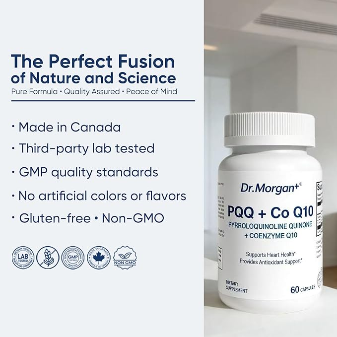 Dr. Morgan PQQ 20mg (Pyrroloquinoline Quinone) &amp CoQ10 100mg - Mitochondrial Energy &amp Cellular Vitality Support - Cognitive Antioxidant Formula - 60 Capsules Non-GMO