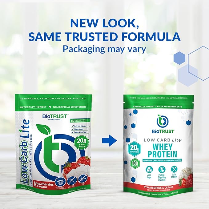 BioTrust Low Carb Lite 20 Grams of Grass-Fed Whey Protein Isolate 100 Calories ProHydrolase Digestive Enzymes Non-GMO Free from Soy and Gluten rBGH-Free (14 Servings) (Strawberries and Cream)