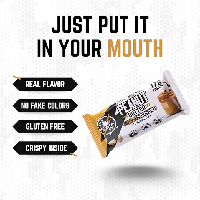 Battle Bars Crispy Protein Bar 17g Protein per serving - Gluten Free No Artificial Flavors or Colors - Veteran Owned - Peanut Butter (60g) 10 Count