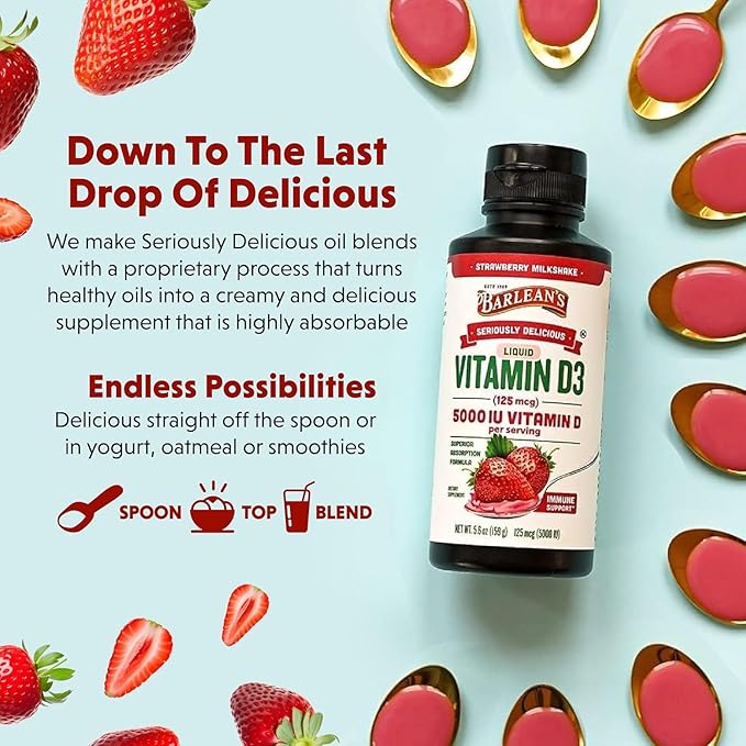 Barlean's Pack of 2 Vitamin D3 Liquid Supplement for Kids and Adults 5000 IU Vitamin D Strawberry Milkshake Non-GMO Gluten and Dairy Free 5.6 oz Each