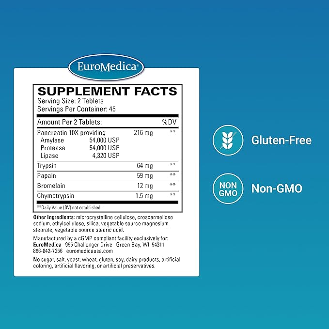 EuroMedica Multi-Action Digestive Enzymes - Digestion Supplement for Nutrient Absorption - Includes Undiluted Pancreatic Enzymes - Gluten-Free Dairy-Free &amp Non-Soy - 90 Tablets (45 Servings)