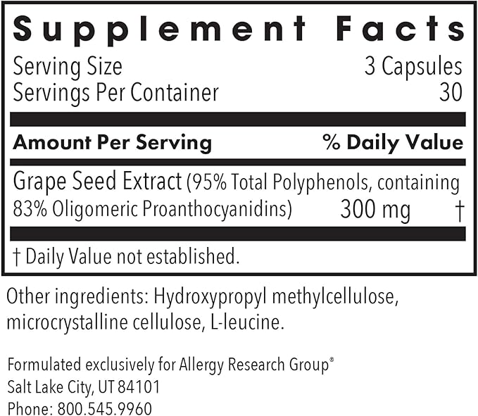 Allergy Research Group Grape Pips - Grape Seed Extract Proanthocyanidins Polyphenols Herbal Supplement Organic 300mg Capsules - 90 Count