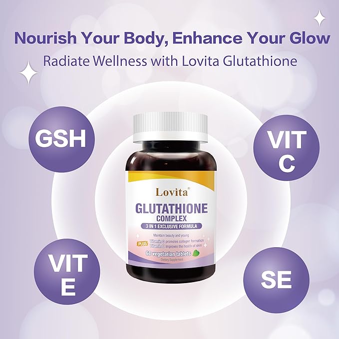 Lovita Glutathione Complex 500mg for Radiant Skin &amp Immunity Support | 99.8% Purity with Vitamin C Selenium &amp E Vegan Non-GMO Gluten-Free 60 Vegetarian Tablets
