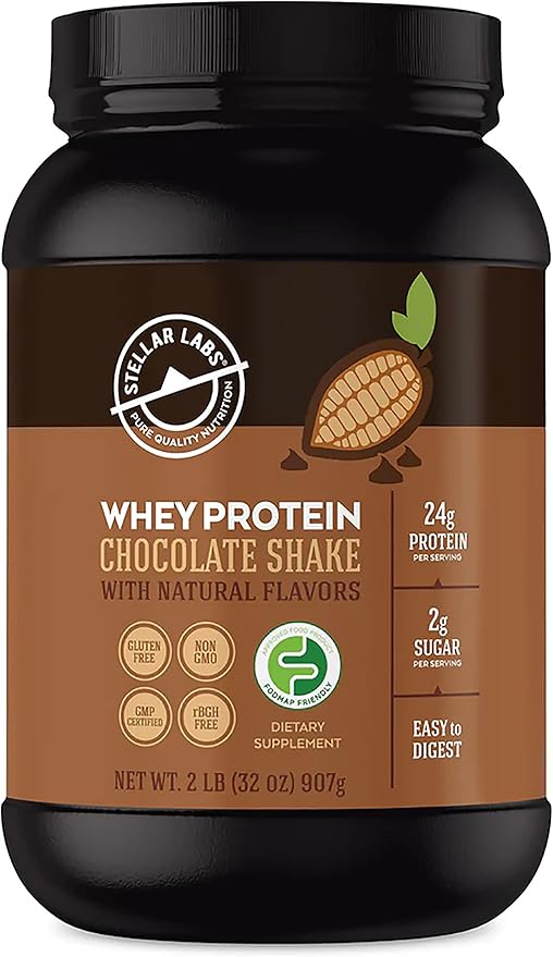 Stellar Labs Whey Protein Powder with BCAA's &amp Whey Isolate | Certified Low FODMAP Non GMO Gluten Free Low Carb Keto with Stevia | All Natural Lean Post Workout Shakes | Chocolate