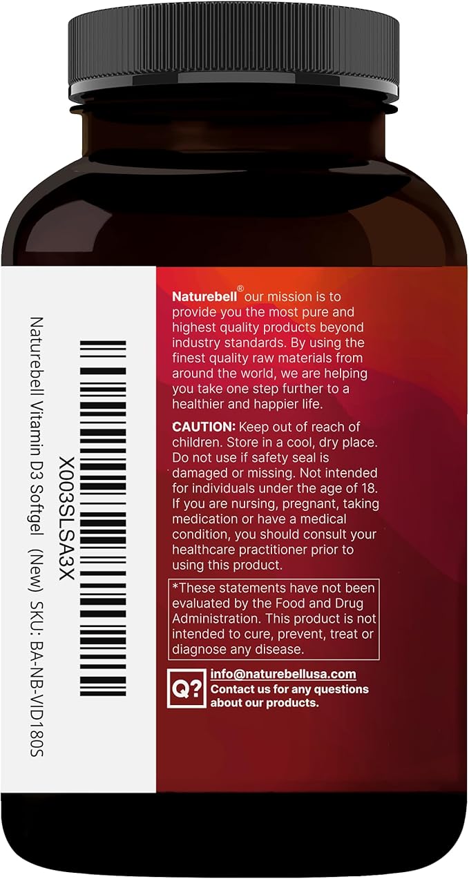 NatureBell Vitamin D3 50000 IU with Vitamin K2-180 Softgels - High-Potency Bone &amp Immune Support* - Easy Absorption with Coconut Oil - Non-GMO &amp Gluten-Free