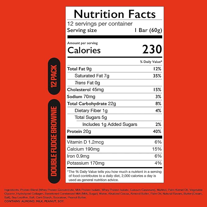 RAW Nutrition Protein Bars Double Fudge Brownie 20g Whey Protein Low Sugar Better-for-You Candy Bars Gluten Free Chocolate Protein Snack for Muscle Recovery &amp Gym Fuel 12 Count