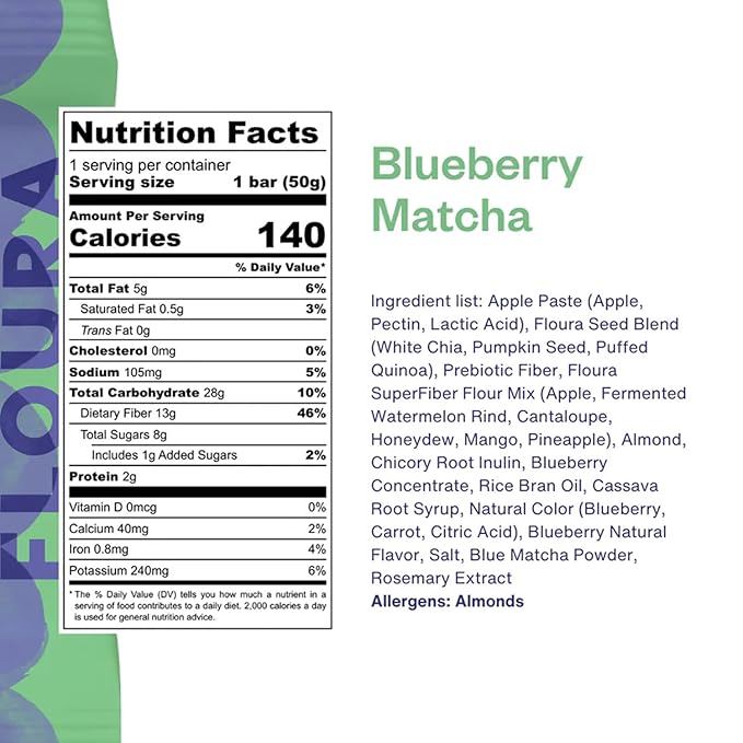 Floura Blueberry Matcha Fruit-Forward Fiber Bars– High Fiber Vegan Gluten &amp Dairy Free Low Calorie Healthy Snack Bars with Upcycled Produce for Gut Health [10 Pack]