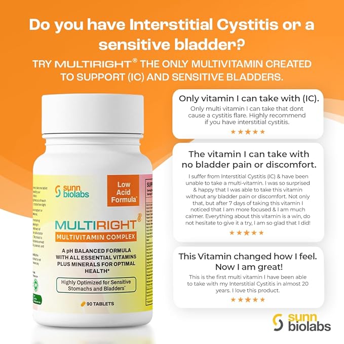 MULTIRIGHT | LOW ACID MULTIVITAMIN for Sensitive Stomachs Bladders | 14 Vitamins &amp 14 Minerals | Bladder-Friendly pH Balanced | Easy on Digestion-Less Acidic | Buffered Vitamin C | 270 Tablets (