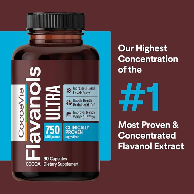CocoaVia Ultra 750mg Cocoa Flavanols – Heart &amp Brain Support Memory &amp Blood Circulation Booster High Flavanol Cocoa for Nitric Oxide Energy &amp Oxygen Boost Vegan Gluten-Free 90-Day Su