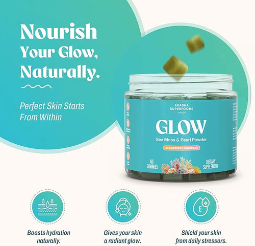 Akasha Superfoods Sea Moss Glow Gummies Hair Skin &amp Nails Vitamins with Seamoss Pearl Powder Vitamin E Aloe Vera Liposomal Vitamin C and Irish Sea Moss Gummies for Women &amp Men 60 Coun