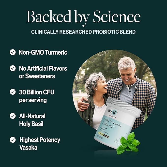 resB Lung Support Probiotic Supplement - Lung Health Supplement for Smokers Gut Health Immune &amp Digestive Support Respiratory Care Holy Basil &amp Turmeric Clinically Trialed - 60 Capsules