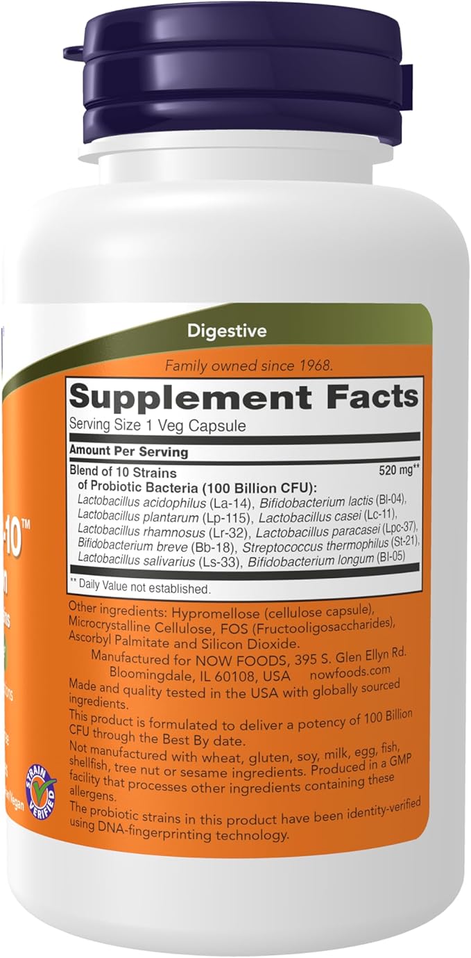 NOW Foods SupplementsProbiotic-10™100 Billionwith 10 Probiotic StrainsDairySoy and Gluten FreeStrain Verified60 Veg Capsules(Pack of 2)