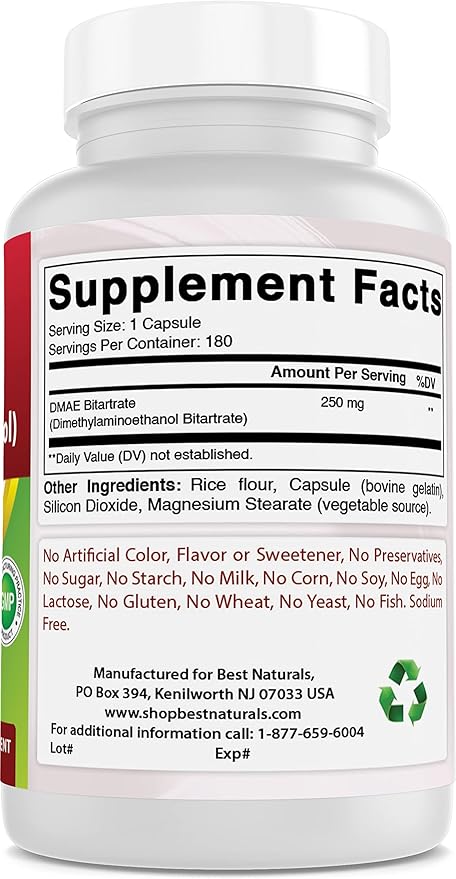 Best Naturals DMAE Supplement 250 mg &amp Vitamin B1 as Thiamine Mononitrate 100 mg