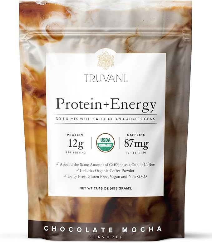 Truvani Protein + Energy Drink Mix with 87mg Caffeine | Chocolate Mocha | 12g Organic Plant Based Protein | 20 Servings | USDA Organic Coffee Powder &amp Adaptogens | Gluten &amp Dairy Free | Vegan