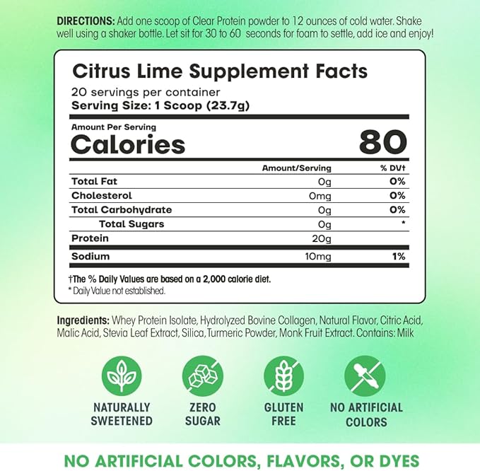 Fit &amp Lean Clear Protein Powder with Whey Isolate Protein and Collagen Grass Fed Muscle Recovery Skin Joints GLP-1 Support 0g Sugar Citrus Lime 20 Servings
